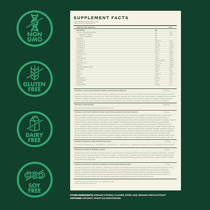 Zena Complete Organic Super Greens Powder & Multivitamin, 90+ Supergreens, Fruits, Veggies, Pre & Probiotics, Watermelon Citrus Flavor, 30 Packets + Water Bottle