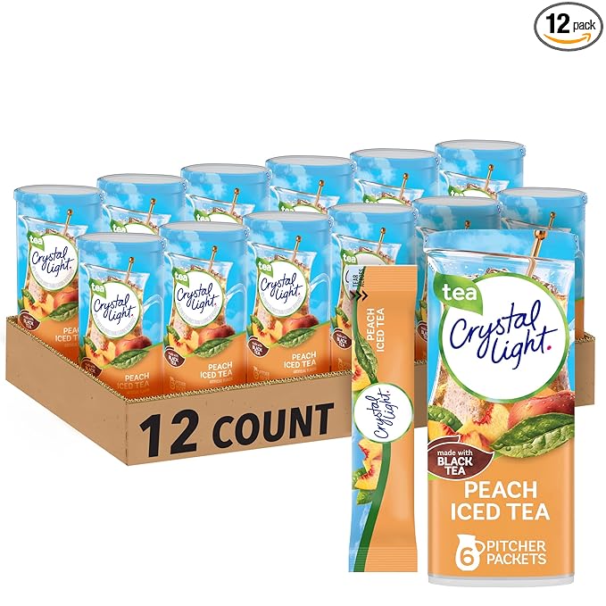 Crystal Light Peach Iced Tea Artificially Flavored Powdered Drink Mix, 72 ct Pack, 12 Canisters of 6 Pitcher Packets