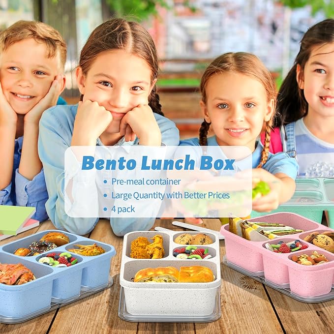 Large Capacity Bento Box for Adults, 4-Piece Set – Stackable Lunch Box with 4 Compartments, Microwave & Dishwasher Safe, Reusable Meal Prep Containers, Snack Containers for Kids & Adults (4 Colors)