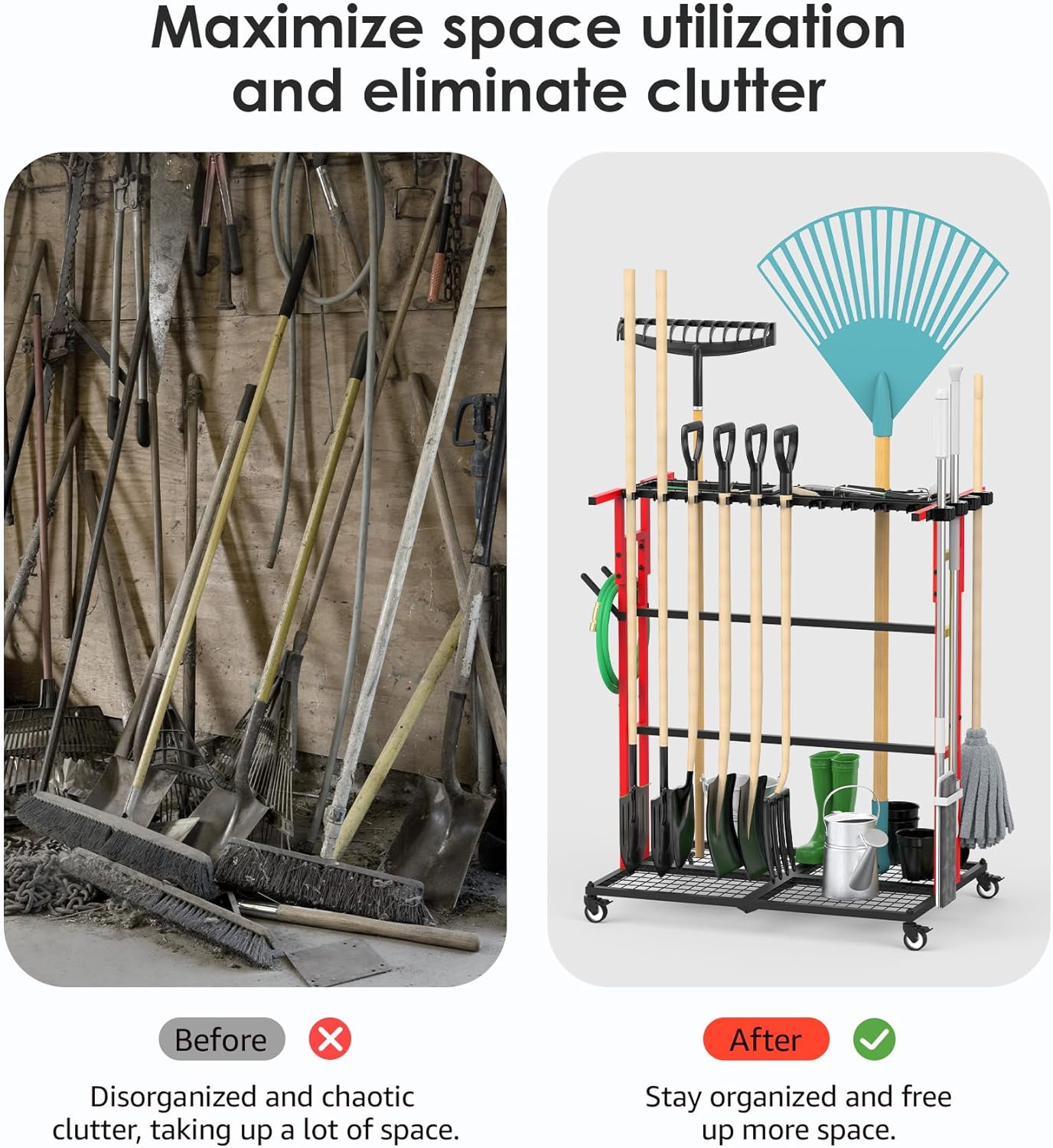 CCCEI Garage Organization with Wheels, Outdoor Gargen Yard Shed Tools Organizer Cart, Home Storage for Cleaning Supplies, Broom Holder, for Shovel and Rake, Long Farming and Farming Tools, Red.