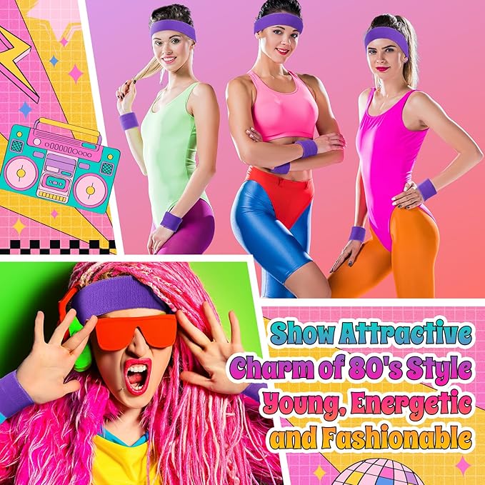 3 Pack Neon Sweatbands Sports Wristband and Headband 80s Sweatbands for Party Football Basketball Baseball Soccer
