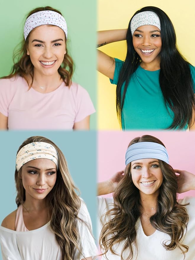 TERSE Headbands for Women Trendy Floral Women's Hair Bands, Non Slip Stretchy Sweat Bands 4 inches Wide, Fashion Hair Accessories for Yoga Workout Summer Head Bands
