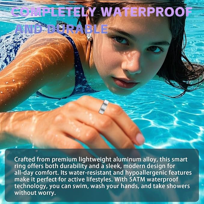 Smart Ring Health Tracker, Fitness Tracker Ring for Women Men, Monitoring of Pedometer, SpO2, Sleep Quality, Heart Rate, No Subscription Fee, Sport Rings for iOS & Android (Silver, 7)