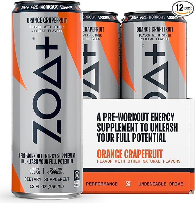 ZOA+ Pre-Workout Energy Drink Supplement - NSF Certified for Sport with Zero Sugar, Nitric Oxide Support, B & D Vitamins, Amino Acids, and Electrolytes (Orange Grapefruit)