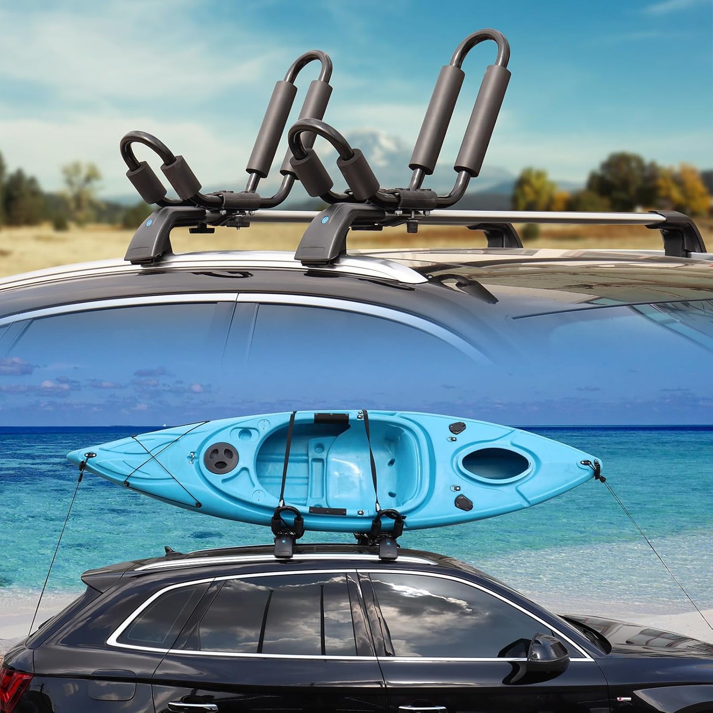 FORWODE Heavy Duty Kayak Roof Rack, 1 Pair J-Bar Kayak Rack with 2 Ratchet Tie, 2 S-Hook Ratchet Straps, 2 Anchor Belts for Kayak Canoe Boat Surf Ski on SUV Car Truck Crossbar