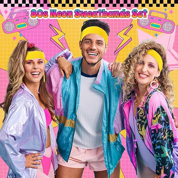 3 Pack Neon Sweatbands Sports Wristband and Headband 80s Sweatbands for Party Football Basketball Baseball Soccer