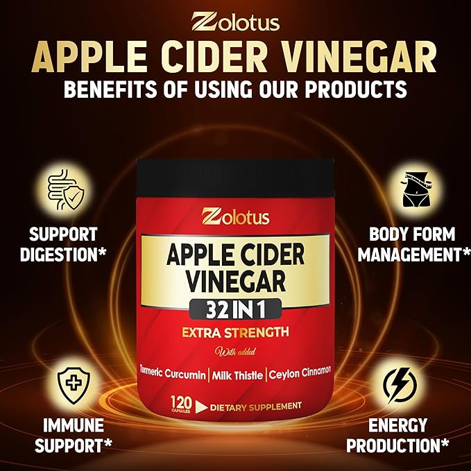 Zolotus 32 in 1 Apple Cider Vinegar Capsules with Turmeric, Cinnamon, Milk Thistle, Elderberry, Quercetin for Support Digestion, Immune 120 Capsules