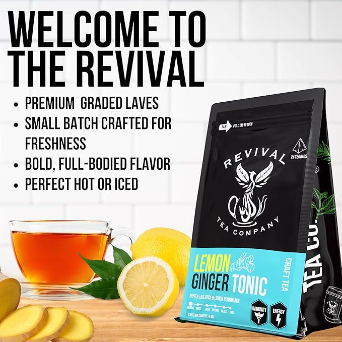 Revival Tea Company Lemon Ginger Tonic - Caffeine Free Tea Blend with Lemongrass and - Loose Leaf 5 Ounces