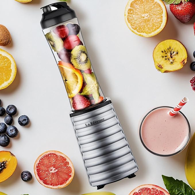 La Reveuse Smoothies Blender Single Serving 300 Watts with 18 oz BPA-Free Portable Travel Sports Bottle (Silver)
