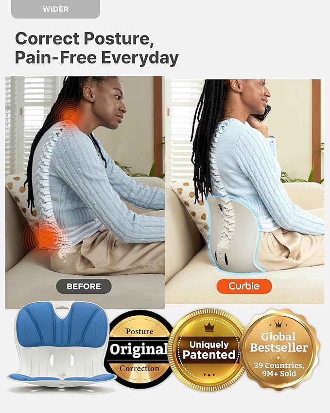 Curble Wider(Standard Wide) – Ergonomic Back Support Chair, Lumbar Support for Posture Correction, Back Pain Relief, Per for Office, Floor Seat & Work from Home, Patented (Blue)