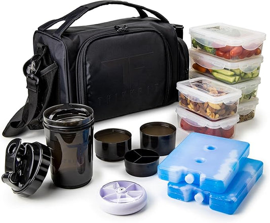 ThinkFit Insulated Meal Prep Lunch Box with 6 BPA-Free, Reusable, Microwavable, Freezer Safe Food Portion-Control Containers, Shaker Cup, Pill Organizer, Lunch Bag with Storage Pocket - (Black)