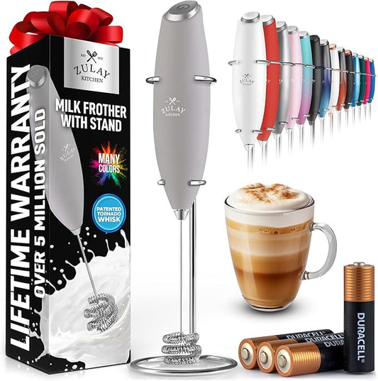Zulay Kitchen Tornado Whisk Milk Frother with 4 AA Duracell Batteries - Triple Whisk for More Power - Handheld Coffee Frother with Stand - Drink Mixer for Lattes, Matcha & Protein Shakes
