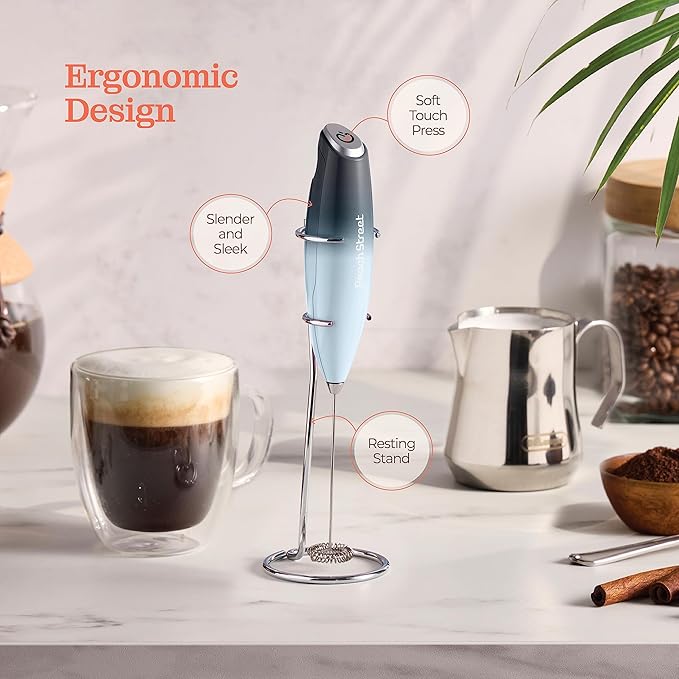 Powerful Handheld Milk Frother, Mini Milk Foamer, Battery Operated (Not included) Stainless Steel Drink Mixer with Frother Stand (Dark Sky)