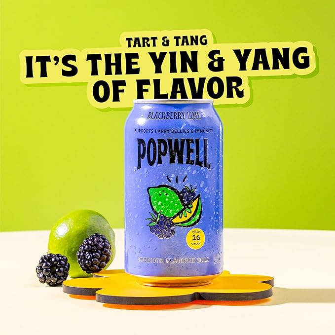 Popwell Blackberry Lime Better-For-You Prebiotic Soda, with 6g Fiber, 1g Sugar, Vitamins and Immunity Support, 12 fl oz Cans (pack of 12)