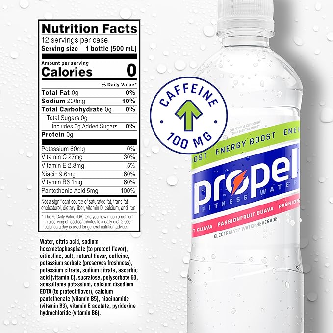 Propel Energy Boost Zero Calorie Flavored Water With Electrolytes and Caffeine, 3 Flavor Variety Pack, 16.9 fl oz Bottles (12 Pack)