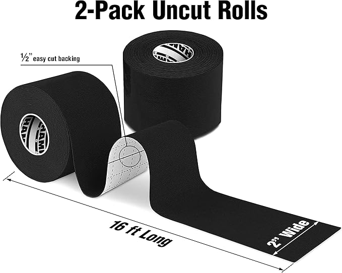 Hampton Adams | As Seen on Shark Tank | Elastic Kinesiology Tape (2-Pack) | Uncut Athletic Tape Supports & Protects Muscles Knees Shoulders & Plantar Fasciitis | Waterproof Hypoallergenic (Black)