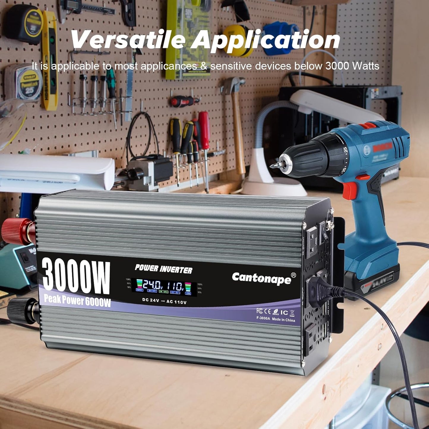 3000W Power Inverter 24V to 110V/120V DC to AC with LCD Display, Remote Controller and 4 x AC Outlets Car Adapter for Car Truck Boat RV Off Grid Solar System