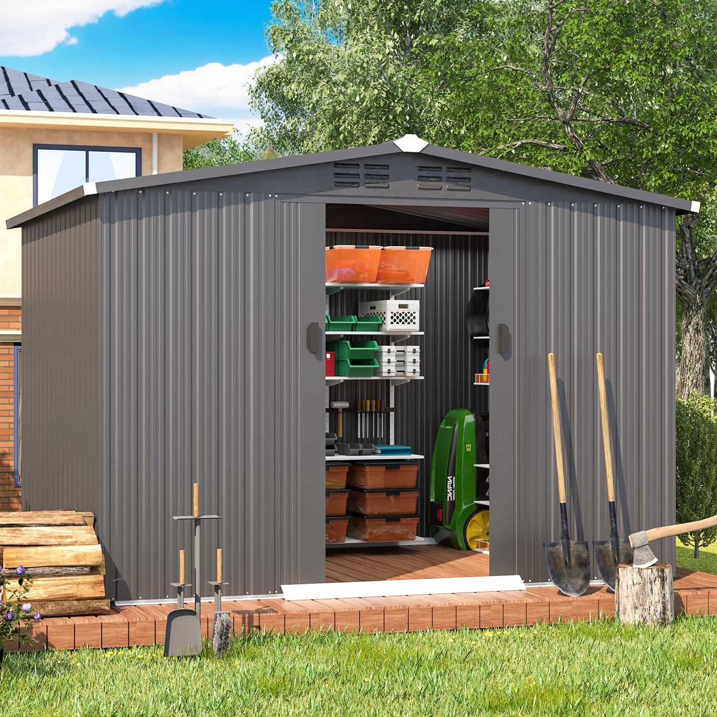 AECOJOY Shed 6' x 8' Outdoor Storage Shed with Sliding Door, Outdoor Storage Tool Shed Storage Cabinet, Metal Garden Shed for Yard, Outdoor Storage Clearance in Dark Grey