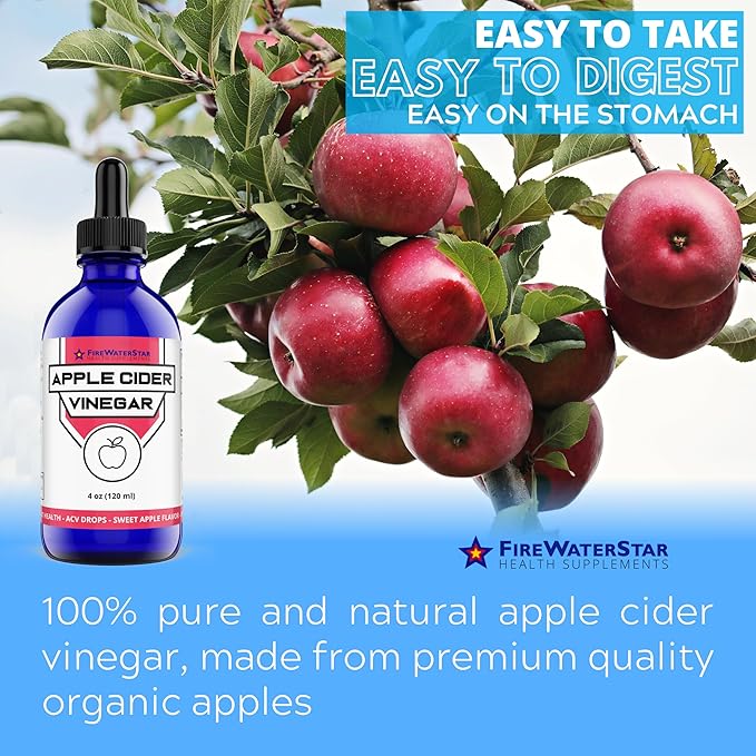 FWS Apple Cider Vinegar - Apple Flavored ACV Supplement Drops - Organic, Non-GMO, Vegan, Keto - with Mother - Easy to Swallow Daily Vinegar - Supports Overall Health and Digestion - 4oz