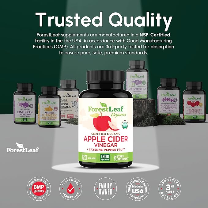Organic Apple Cider Vinegar Capsules 1200mg – Supports Metabolism, Detox, Digestion, Gut Health – USDA Organic Apple Cider Vinegar Pills with Cayenne Pepper & Ginger Root – 120 Caps – by Forest Leaf