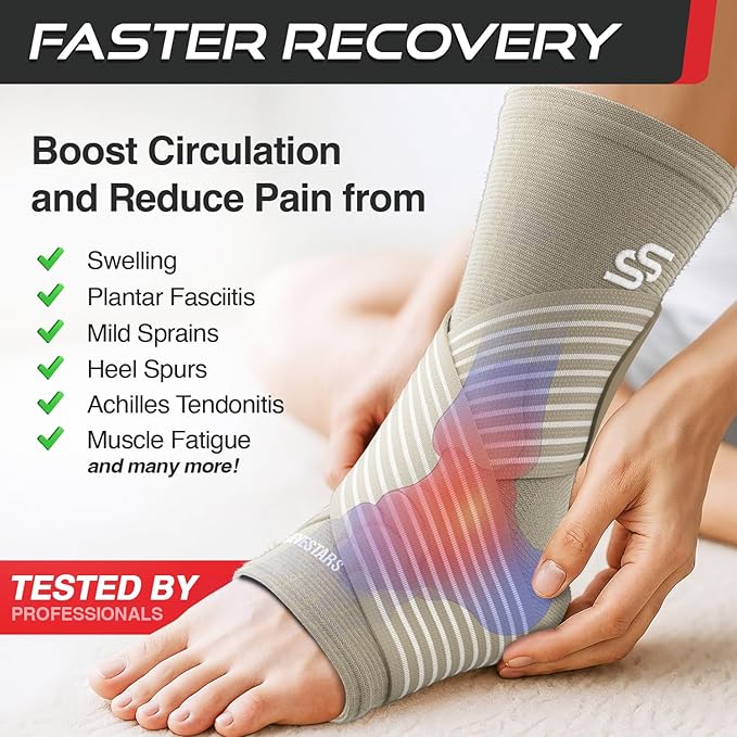 Sleeve Stars Ankle Brace for Women & Men, Ankle Wrap for Sprain, Compression Sleeve for Plantar Fasciitis Relief, Easy Customizable Support: w/ Removable Strap (Single/M:10"-12"/Beige)