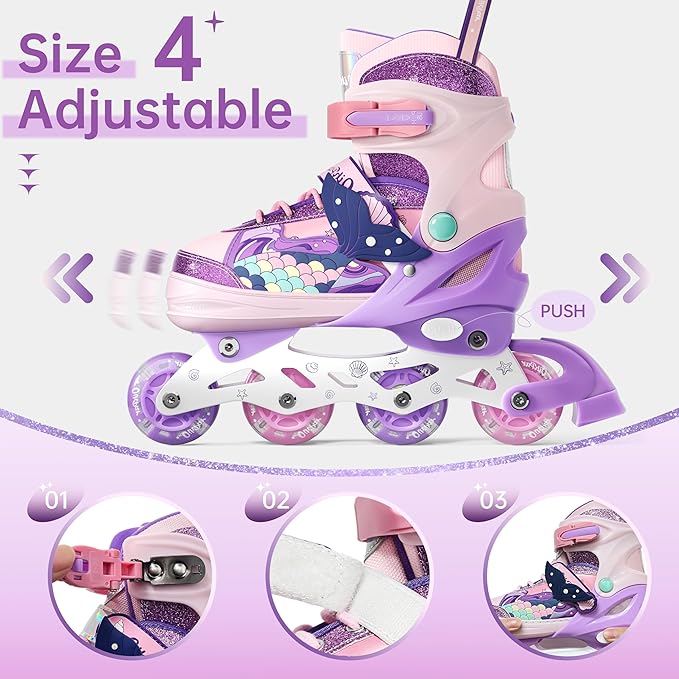 Children's Adjustable Inline Skates with 4-Size Adjustable Fit, Inline Skates with Triple Safety Straps & LED Light Wheels Perfect for Beginners,Ideal Gift for Boys & Girls