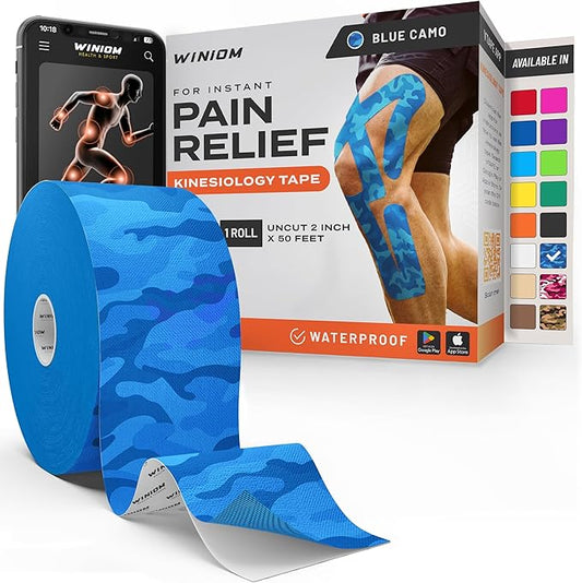 Kinesiology Tape-Incredible Support for Athletic Sports and Recovery + Free Taping Guide-Uncut 2 inch 50 feet Roll (Electric Blue Camo + Free Taping Guide, Pack of 1)