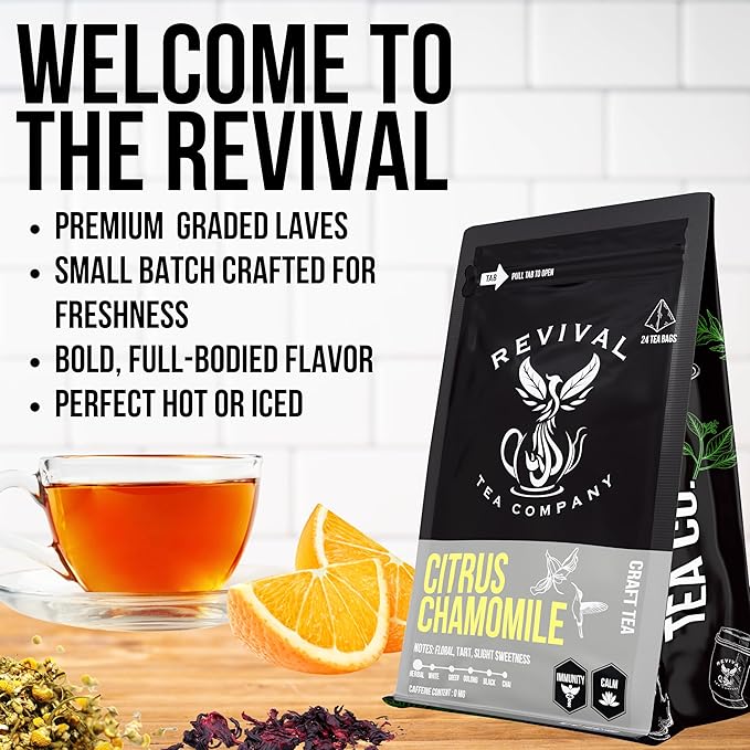 Revival Tea Company Citrus Chamomile Tea - Herbal Tea Blend of Chamomile Flowers and Orange Peel - Caffeine Free - 24 Tea Bags