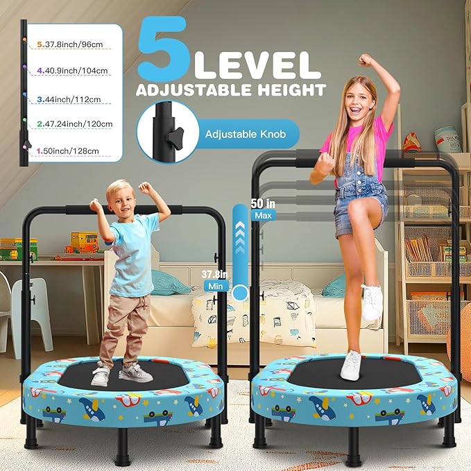 ANCHEER 56" Double Mini Trampoline for Kids, Mini Rebounder with 5-Level Adjustable Handle, Parent-Child Trampoline for Kids, Max Load 220lbs, Fun for Indoor/Outdoor