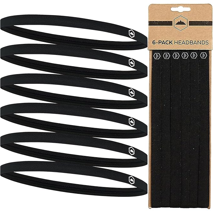 Tough Headwear Thin Elastic Headbands for Men - Sports Hair Head Band for Women & Men - Non Slip Mens Workout Headband - Running or Soccer Headband - 6-Pack