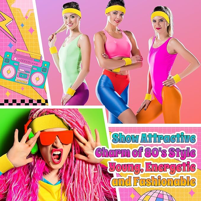 3 Pack Neon Sweatbands Sports Wristband and Headband 80s Sweatbands for Party Football Basketball Baseball Soccer