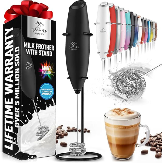 Zulay Kitchen Tornado Milk Frother Handheld Wand – Electric Coffee Frother with Triple Whisk & Stand – Hand Held Drink Mixer for Latte, Cappuccino, Matcha, Hot Chocolate, Protein Shakes – Black/Black