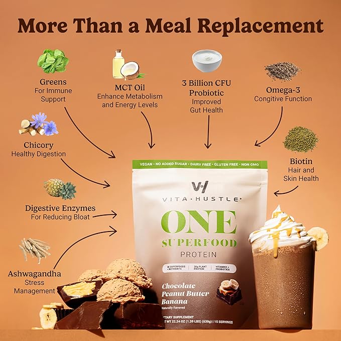 VitaHustle ONE Meal Replacement Shake - Plant Based Protein Powder by Kevin Hart - Vegan, Meal Replacement Powder with Superfoods, Vitamins, Adaptogens & Probiotics -Choc Peanut Butter Banana Flavor, 15 Servings