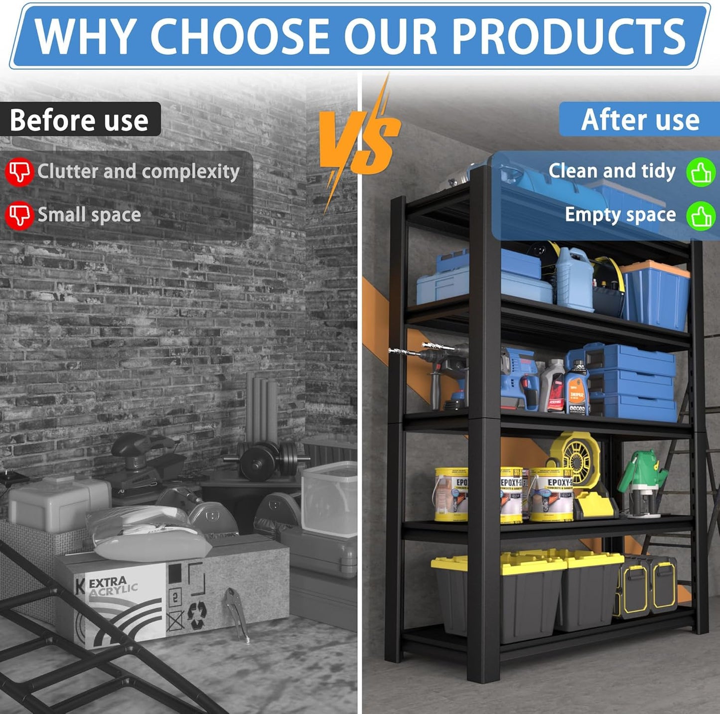 5-Tier Heavy Duty Garage Shelving Unit, 3000 LBS Capacity Metal Storage Rack 72" H x 48" W x 20" D, Adjustable Steel Shelves for Garage, Warehouse, Basement, Pantry, Workshop.1 Pack