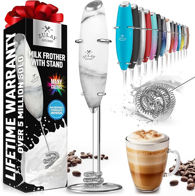 Zulay Kitchen Tornado Milk Frother Handheld Wand – Electric Coffee Frother with Triple Whisk & Stand – Hand Held Drink Mixer for Latte, Cappuccino, Matcha, Hot Chocolate, Protein Shakes – Quartz