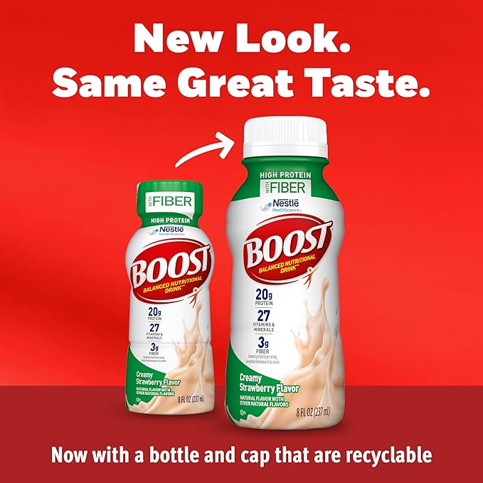 BOOST High Protein with Fiber Ready to Drink Complete Nutritional Drink, Creamy Strawberry, 8 fl oz Bottle, 24 Pack