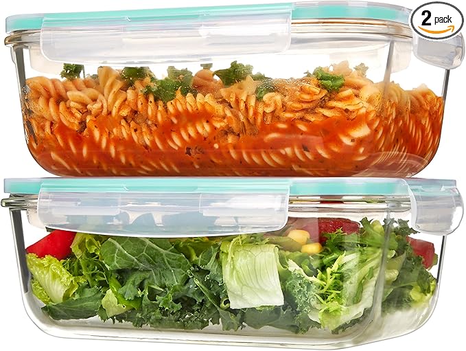 Vtopmart 2Pack 1860ml/ 63oz Large Glass Storage Containers with Lids, Meal Prep Food Container Set with Snap Airtight Lid for Baking, Microwave, Oven, Leak Proof, for Freezer, Dishwasher, Green