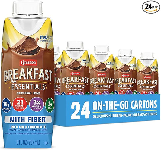 Carnation Breakfast Essentials Ready to Drink with Fiber, Rich Milk Chocolate, 8 FL OZ Carton (Pack of 24)