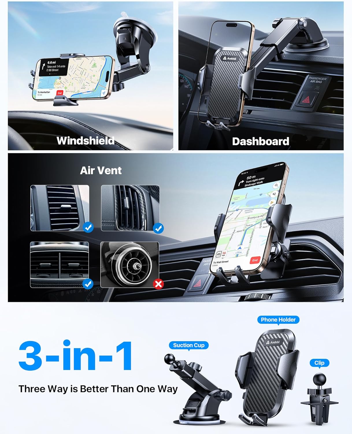 andobil Car Phone Holder, 2025 Military-Grade 85lbs Strongest Suction Phone Holders for Your Car Dashboard/Windshield/Vent Easy Clamp Cellphone Holder Truck Stand for iPhone 16 15 14 Pro Max Samsung