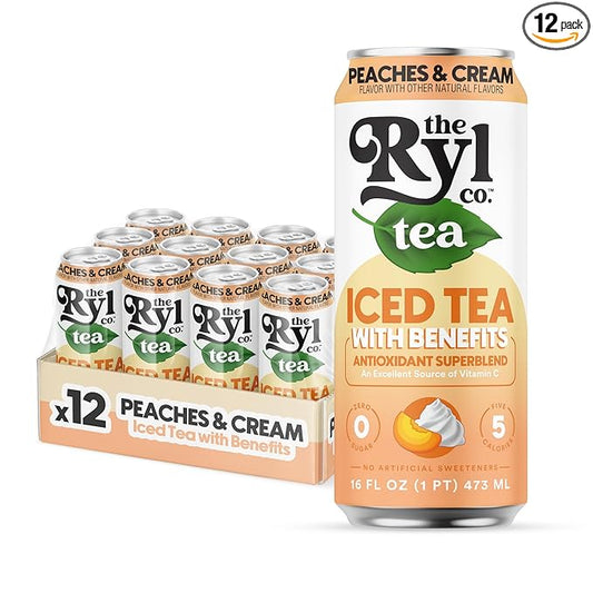Ryl Iced Tea, Peaches & Cream Tea, Antioxidant Superblend, Zero Sugar, Low Carb, Zero Calorie Iced Tea, 16.0 Fl Oz (12-Pack)