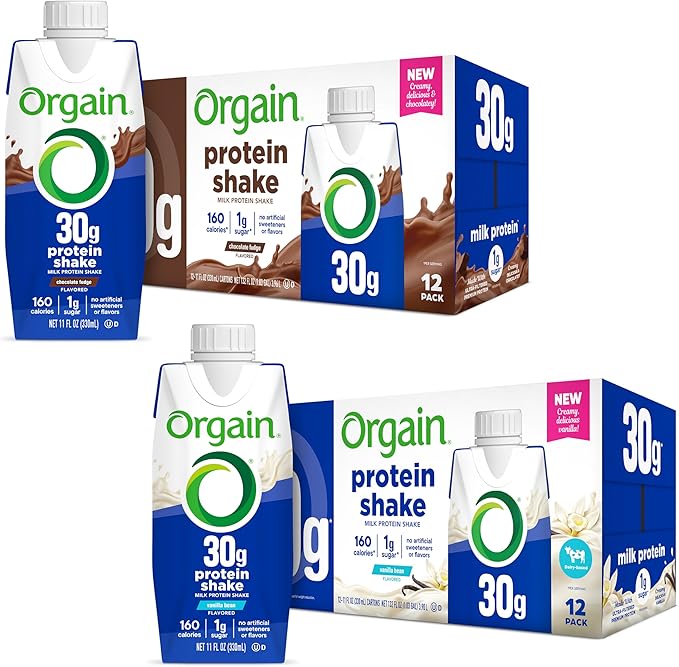 Orgain 30g High Protein Shake Bundle - Chocolate Fudge & Vanilla Bean, 11 Fl Oz (2 Pack of 12) - Dairy Isolate, 6g BCAAs, 1g Sugar, Keto Friendly, Gluten-Free