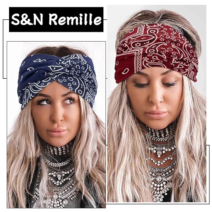S&N Remille Wide Headbands for Women, Large Hairband, Elastic Non-Slip Headband Twist Knotted Accessories, Yoga Workout Vintage Hair 3 Pack