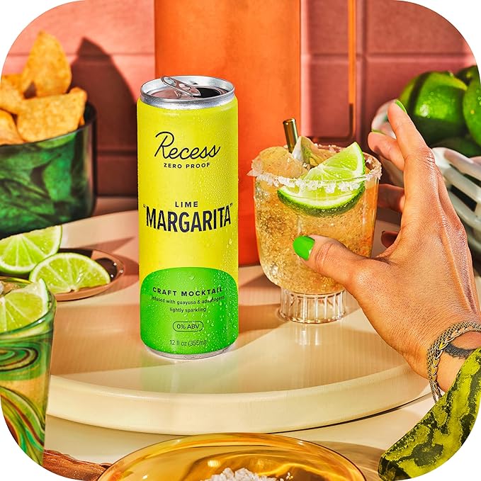 Recess Zero Proof Craft Mocktails, Alcohol Free Drinks, With Adaptogens, Non-Alcoholic Beverage Replacement, Mixer, Celebration, Party, (Lime "Margarita", 12oz, Pack of 12)