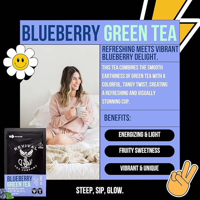 Revival Tea Company Blueberry Green Tea - Green Tea Blend with Natural Blueberry Flavor - 24 Tea Bags