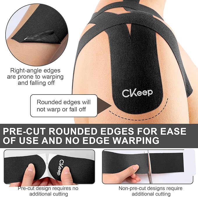 CKeep Kinesiology Tape, 2 Rolls Cotton Latex Free Hypoallergenic Elastic Precut Strips, 2 Inch Wide Waterproof Athletic Tape for Knees Pain Injuries Sprains, Black