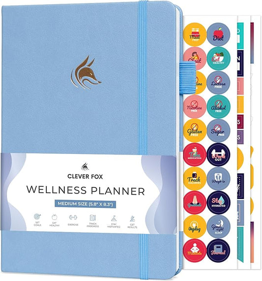 Clever Fox Wellness Planner - Weekly & Daily Health and Wellness Log, Food Journal & Meal Planner Diary for Calorie Counting, Notebook for Medical Condition Tracking, A5-Sized - Light Blue