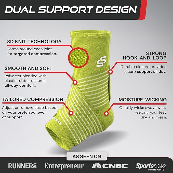 Sleeve Stars Ankle Brace for Women & Men, Ankle Wrap for Sprain, Compression Sleeve for Plantar Fasciitis Relief, Easy Customizable Support: w/ Removable Strap (Single/M:10"-12"/Neon Green)