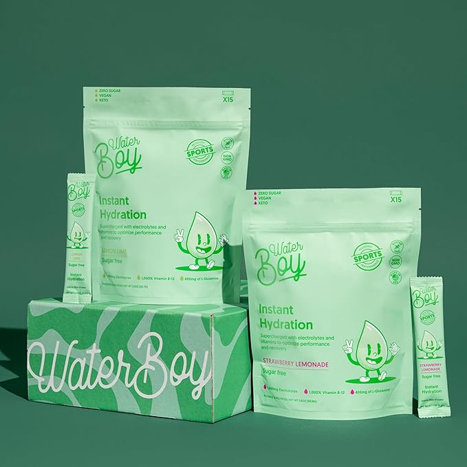 Waterboy Workout Hydration | 2,960mg Sugar Free Electrolyte Powder Packets | L-Glutamine + Vitamins | No Sugar, All Natural, Gluten Free (Variety)