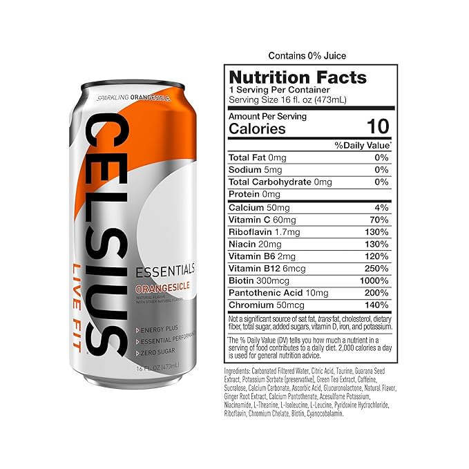 CELSIUS ESSENTIALS™ Sparkling Orangesicle, Sugar Free Performance Energy Drink, 16 Fl Oz (Pack of 12)