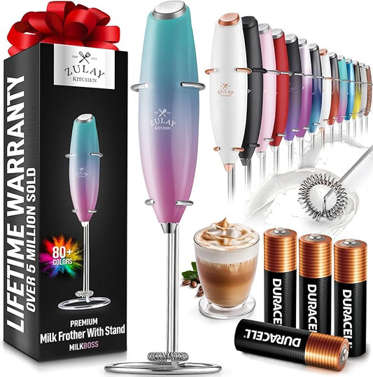 Zulay Powerful Milk Frother (4 Duracell Batteries Included) - Handheld Milk Frother Wand Drink Mixer for Coffee - Powerful Milk Foamer for Cappuccino, Frappe, Matcha & Coffee Creamer - Bubblegum